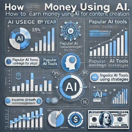 このインフォグラフィックは、AIを活用してコンテンツを作成し、収益を得る方法を示しています。SEOキーワードを含む解説付き。  