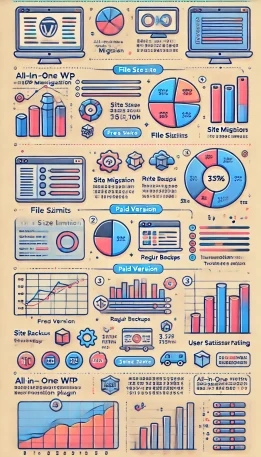 **このインフォグラフィックは、「All-in-One WP Migration」プラグインの主要なデータを視覚化し、ファイルサイズ制限、ユーザーの利用目的、満足度の推移を示すことで、使い方の理解に役立ちます。**