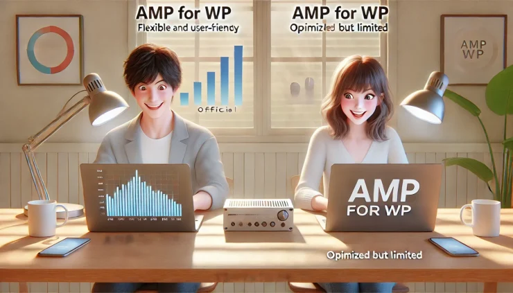 「AMP（公式）とAMP for WPの比較記事向け画像。AMP for WPの柔軟さに満足している表情と、AMP（公式）の制約に困惑している表情の人物を対比。」