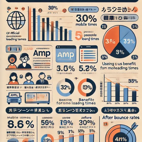 **このインフォグラフィックは、AMP（公式）プラグインのモバイル最適化効果を視覚的に示しています。主な情報は、読み込み速度、ユーザー満足度、そして直帰率の改善効果に焦点を当てています。**