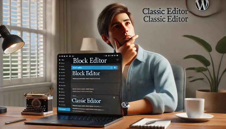  「WordPressのブロックエディタとクラシックエディタの選択に迷うユーザーが、PC画面を見つめ悩んでいる様子の写真風画像」