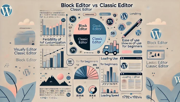 **このインフォグラフィックは、ブロックエディタとクラシックエディタの比較に役立ち、カスタマイズの柔軟性、初心者向けの使いやすさ、読み込み速度の違いを視覚的に示しています。**