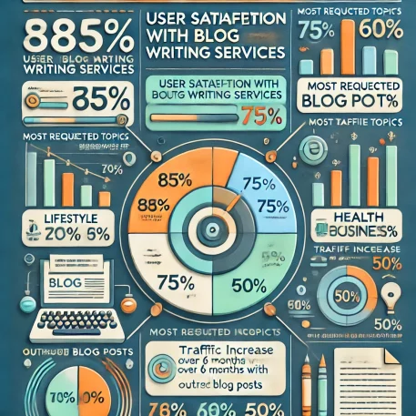 このインフォグラフィックは「ブログ記事作成代行」サービスの満足度、最も依頼の多いトピック、アウトソーシングによるトラフィック増加を視覚的に示しています。  