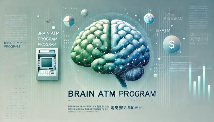 Brain ATM Program - 脳内ATMプログラム(無料)の横長バナー画像。抽象的な脳とATM要素が融合したデザインで、青と緑の落ち着いた色調。テキストには英語と日本語でプログラム名が記載され、未来的な金融イメージを表現。