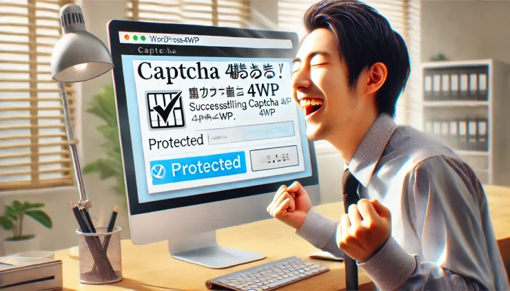 CAPTCHA 4WPの設定後、管理者が安心してサイトのセキュリティを確認している様子を写した写真風画像です。