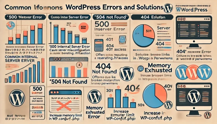 **このインフォグラフィックは、初心者向けに主要なWordPressエラー（500エラー、404エラー、メモリ不足）とその解決方法を簡潔に紹介しています。**