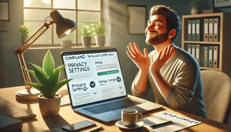 Complianz - Terms and Conditionsプラグインの設定完了を示す写真風画像。プロフェッショナルなワークスペースで、設定完了後の満足感が伝わる情景です。"