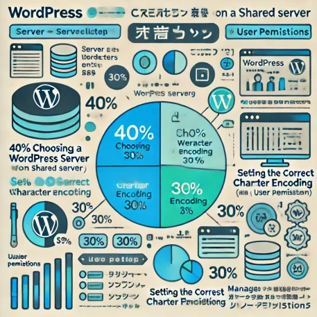 このインフォグラフィックは、共有サーバー上でのWordPressデータベース作成に必要なサーバー選択、文字コード設定、ユーザー権限管理を初心者向けに示し、それぞれの重要度を円グラフで表したものです。