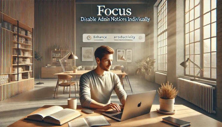 この画像は、WordPressの「Disable Admin Notices Individually」プラグインで通知を整理し、生産性が向上する様子を表現しています。すっきりとしたデスクで集中して作業する姿が、落ち着きと効率的な環境を演出しています。