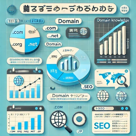 **このインフォグラフィックは、「ドメインの基礎知識とその重要性」について、ドメインの種類ごとのシェア、取得費用、SEOと信頼性の関係を視覚的に簡潔にまとめたものです。**