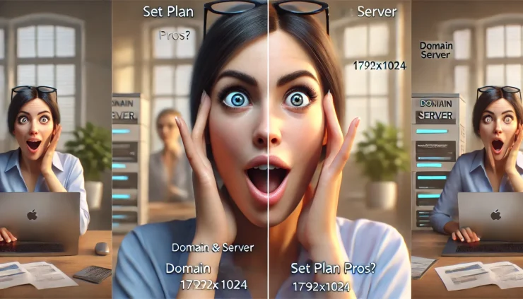 このインフォグラフィック風の画像は、ドメインとサーバーのセットプランに対する期待と予期せぬ問題への驚きを表現し、プランのメリットと注意点の違いを強調しています。