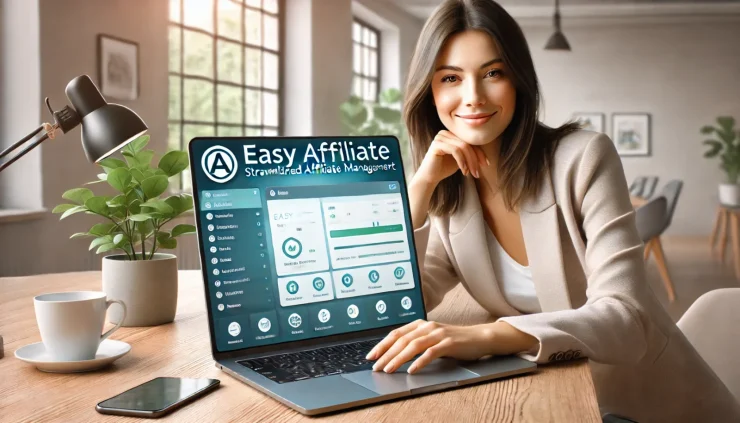 この画像は、Easy Affiliateのダッシュボードを操作するプロフェッショナルな女性を描き、清潔感のあるデスクでの快適な作業環境を強調しています。