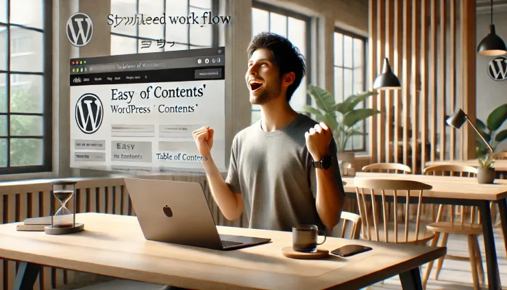 この画像は「Easy Table of Contents」を使うブロガーの作業風景を表現し、SEO効果や効率向上の喜びを強調しています。