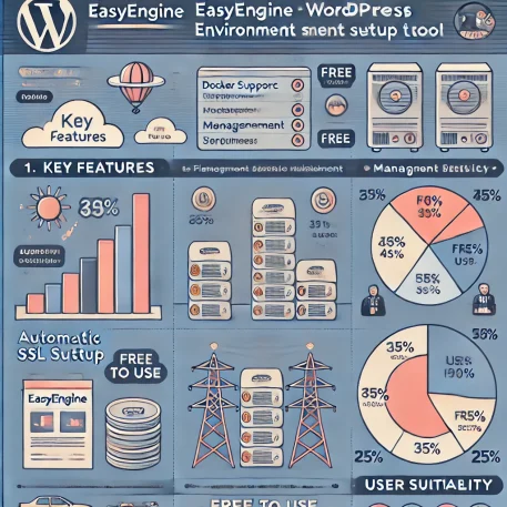 このインフォグラフィックは、EasyEngine WordPress 環境構築ツールの特徴、他ツールとの比較、ユーザー適合性を視覚的に説明しています。