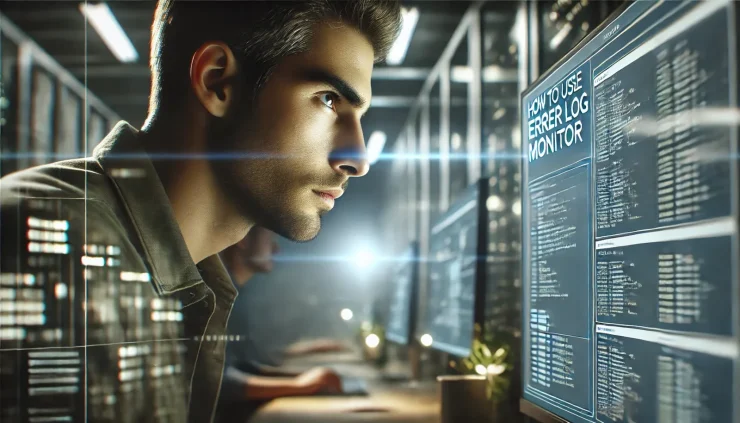 この画像は、「Error Log Monitorのリアルタイム監視」に集中するITエンジニアの姿を表し、使用方法の重要性を強調しています。