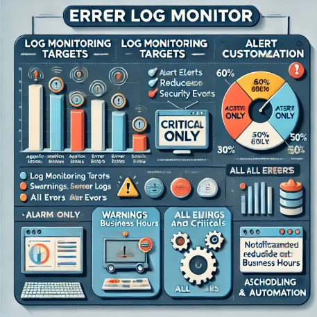 このインフォグラフィックは、Error Log Monitorの設定方法に関する推奨ポイントを簡潔に示しています。監視対象ログ、通知のカスタマイズ、スケジュールと自動化の設定が含まれ、各項目の重要度や設定例を視覚的に確認できます。