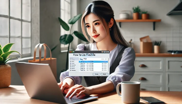 この画像は、「How to use FileZilla」に関連し、初心者向けに簡単なFTP接続のイメージを示しています。プロフェッショナルなワークスペースで、明るくリラックスした雰囲気が表現されています。