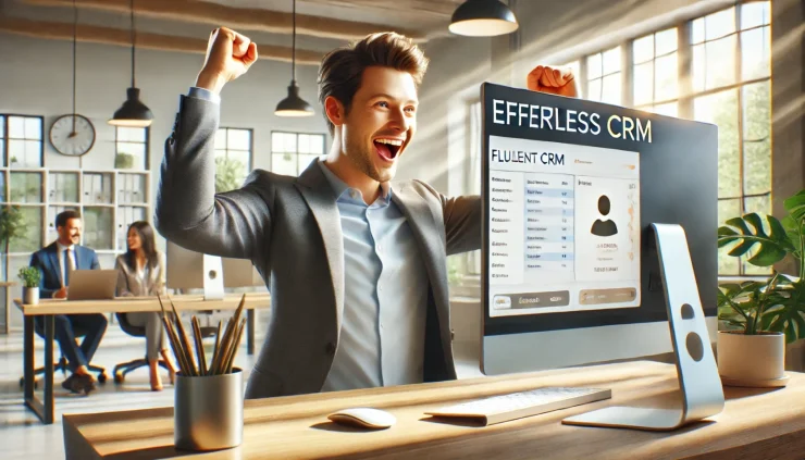 Fluent CRMで効率的な顧客管理を行う様子を描写した画像。ユーザーが興奮と満足の表情で操作しており、自然な光が演出され、モダンなオフィス環境でCRM管理がスムーズにできる印象を与えています。