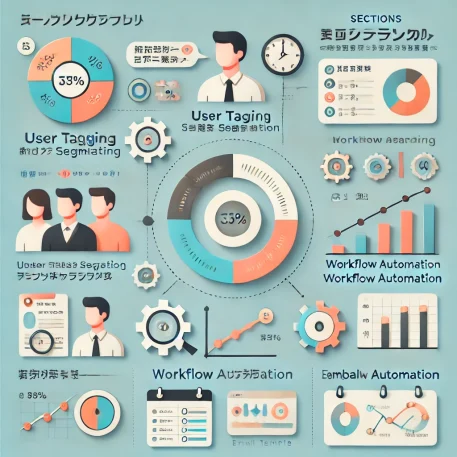 **このインフォグラフィックは、Fluent CRMの主要な設定機能（タグ付け、ワークフロー自動化、テンプレート利用）の効果を視覚的に示しています。**