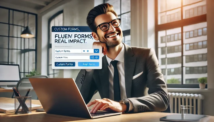このインフォグラフィックは、Fluent Formsの使い方で得られるカスタマイズ可能なフォーム機能と利便性を強調し、ユーザー体験を高めるビジネスプロフェッショナルの満足した表情を写しています。