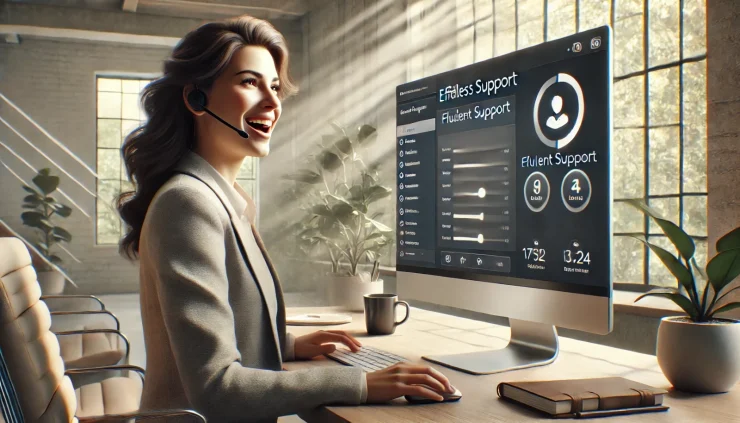 「Fluent Supportを使って自信に満ちた表情で対応するカスタマーサポート担当者がいるモダンなオフィスのシーン。」