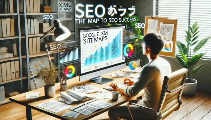 「Google XML Sitemaps 使い方」でSEOが改善されたことを示す写真風画像で、喜びを表現するユーザーと自然なオフィス環境が描かれています。