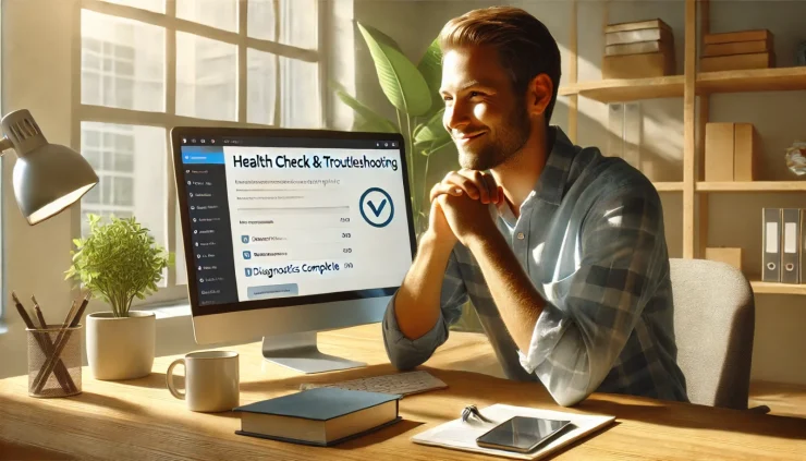 このインフォグラフィックは、Health Check & Troubleshootingプラグインを使用し、WordPressの診断と問題解決に成功したユーザーの安心感と満足感を表現しています。「Diagnostics Complete」のメッセージが表示された画面を見て微笑むユーザーの姿が印象的です。