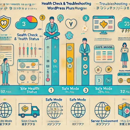 **このインフォグラフィックは、Health Check & Troubleshooting プラグインの主要な3つの機能を紹介し、設定方法や用途の概要を提供しています。**