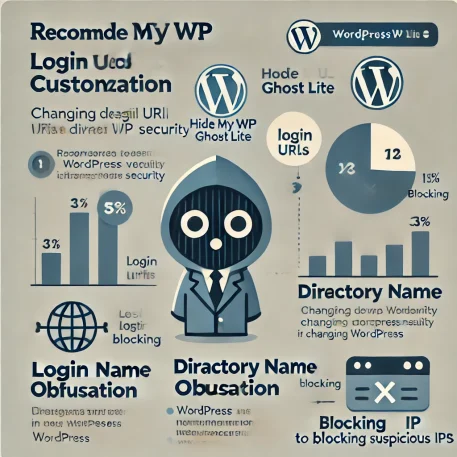 このインフォグラフィックは、Hide My WP Ghost Liteの設定方法を視覚的に説明し、ログインURLのカスタマイズ、ディレクトリ名の隠蔽、IPアドレスのブロックの重要性を示しています。