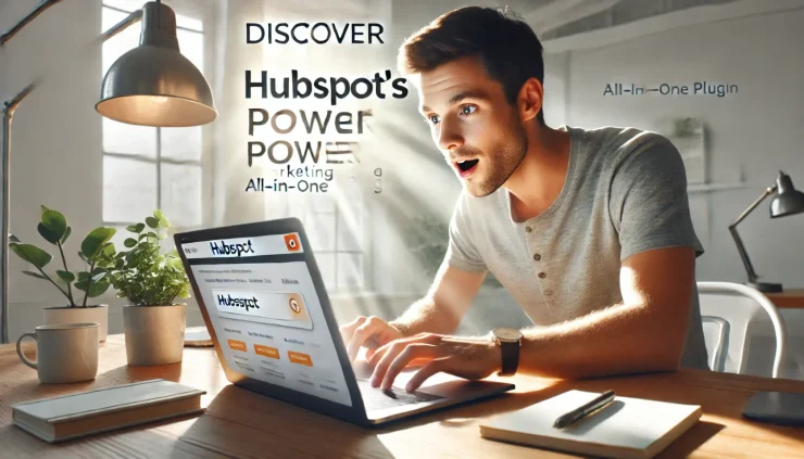 HubSpot All-In-One Marketingプラグインの使い方を学び、機能の力を発見する喜びを表現した写真風画像です。