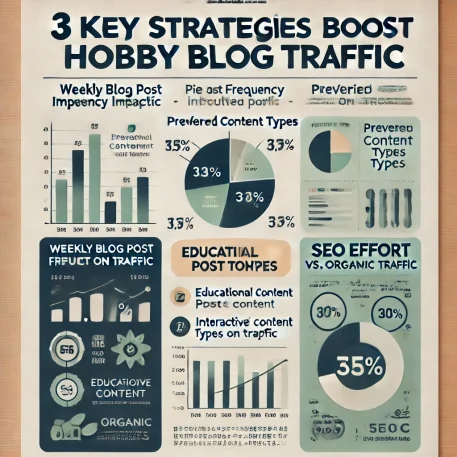 このインフォグラフィックは、趣味ブログのアクセス増加方法を3つの主要なポイントで視覚化し、最適な投稿頻度やSEO効果を示しています。