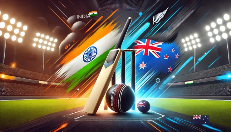 「India vs New Zealandクリケット試合を象徴するイメージ。バットとボールがフィールドに配置され、試合のエネルギーと緊張感を表現」