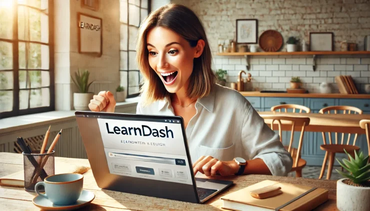 この画像は、LearnDashを使った学習に集中する女性がいるモダンなワークスペースを表現し、LearnDashの魅力的な使い方を視覚的に伝えます。