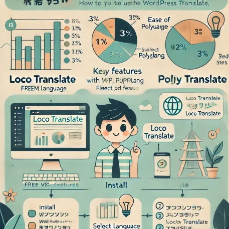 「このインフォグラフィックは、Loco Translate 使い方に関する特徴、満足度、基本的な流れをシンプルにまとめています。」