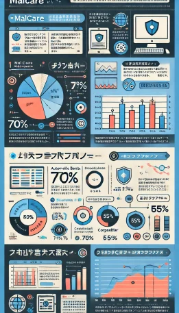 このインフォグラフィックは、MalCareの主な機能（自動バックアップ、リアルタイムスキャン、ファイアウォール機能）について、視覚的に理解しやすく説明しています。