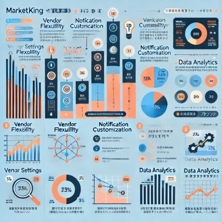 このインフォグラフィックは、MarketKingの使い方に関するおすすめ設定ポイントを示し、ベンダー管理、通知設定、データ分析の重要性を明確に伝えます。