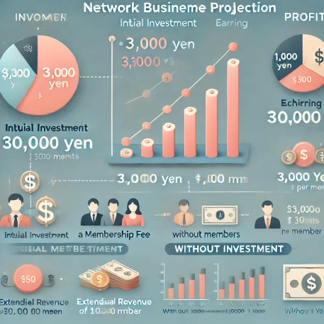 「ネットワークビジネスの収益シミュレーションを示したインフォグラフィック。初期投資30,000円で1会員から月3,000円の参加費、月1,000円の純利益を得る仕組み。100人の会員獲得で3ヶ月以内に投資を回収可能とし、月30,000円から100,000円の収益が予想される。初期投資なしの場合、作業時間が増え、1年かかる可能性あり。時間、会員、収益のアイコンを使用したシンプルでモダンなデザイン。」