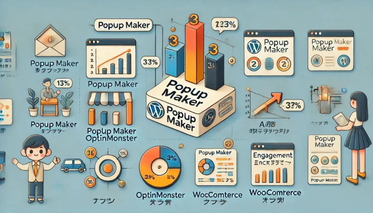 **このインフォグラフィックは、Popup Makerプラグインの人気度、主な機能の利用率、導入後のエンゲージメントの増加率を示し、視覚的に分かりやすく概要を提供しています。**