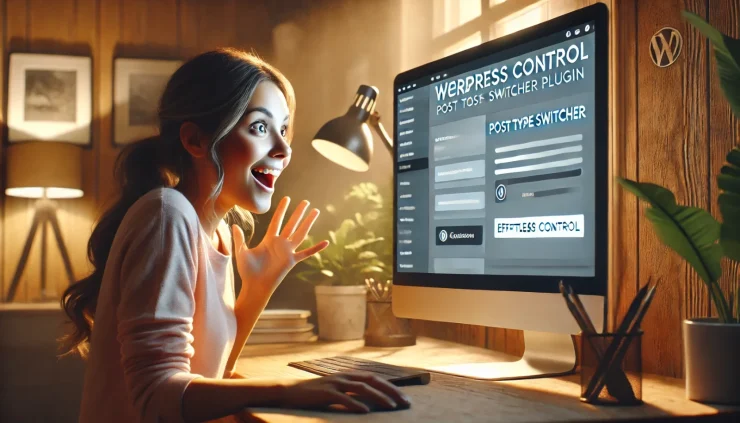 この画像は、「Post Type Switcher」プラグインを使い、WordPressサイト管理の自由さと驚きを感じる様子を視覚化しています。