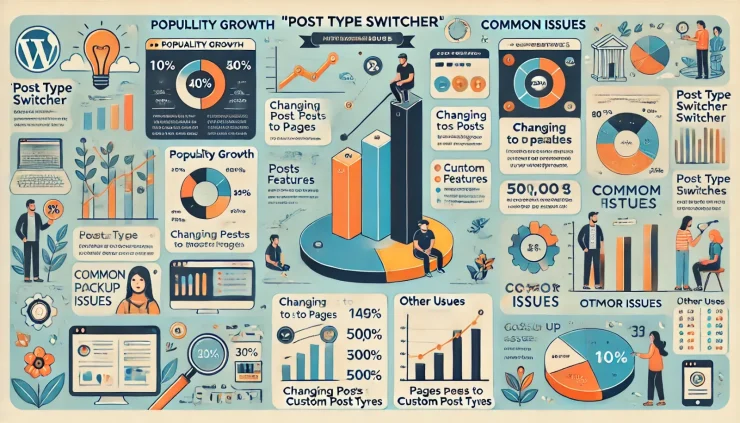 **このインフォグラフィックは、Post Type Switcherのインストール数の増加、主な機能の使用割合、そしてよくある問題を視覚化したものです。**