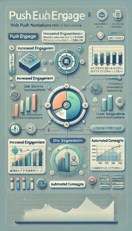 このインフォグラフィックは、PushEngageを使うことで得られる「エンゲージメント向上」「ユーザーセグメント化」「自動化キャンペーン」の利点をわかりやすく示しています。  