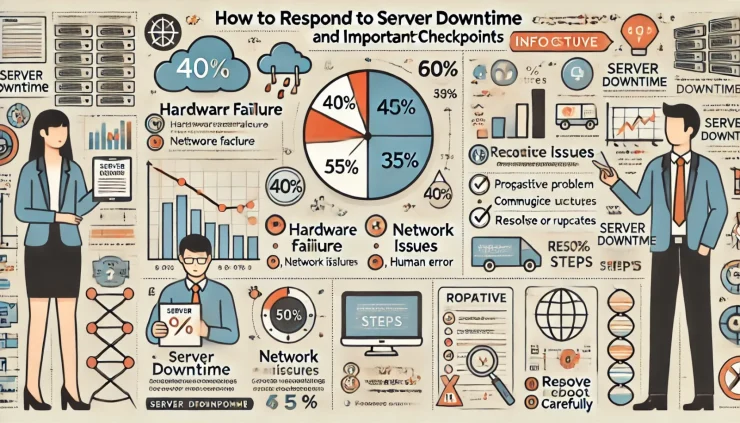 このインフォグラフィックは、サーバーダウンの原因、対応のプロセス、予防と反応的対応の割合を示し、対応方法とチェックポイントを視覚的にわかりやすく解説しています。
