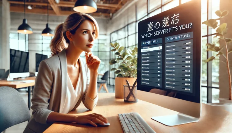 このインフォグラフィック画像は、サーバーの種類と特徴の違いを理解するために役立ちます。真剣な表情の女性が、最適なサーバー選択に関心を示しており、「サーバーの種類と特徴」についての探求心を引き出しています。