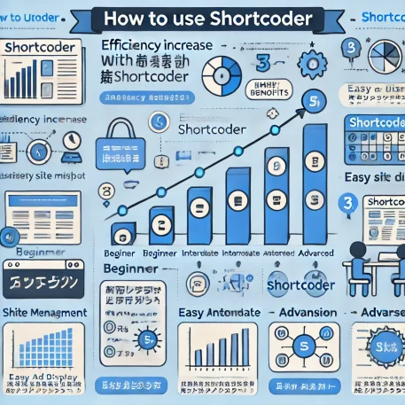 このインフォグラフィックは、Shortcoderの効率的な使い方とメリットを示し、サイト運営の改善に役立つ情報をわかりやすく解説しています。