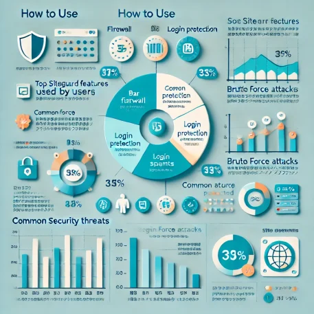 このインフォグラフィックは、SiteGuardの利用データとサイトセキュリティの脅威を視覚化し、人気機能とよくある攻撃を強調しています。  