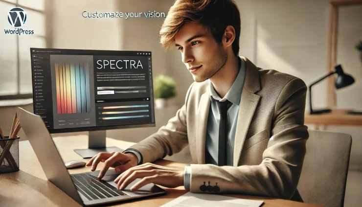 この画像は、「Spectraプラグイン」を使用し、WordPressのデザインに情熱を持って取り組む若いプロフェッショナルを描いています。自然な光の中、集中した表情でウェブデザインの魅力を引き出し、記事のテーマに相応しい情熱を表現しています。