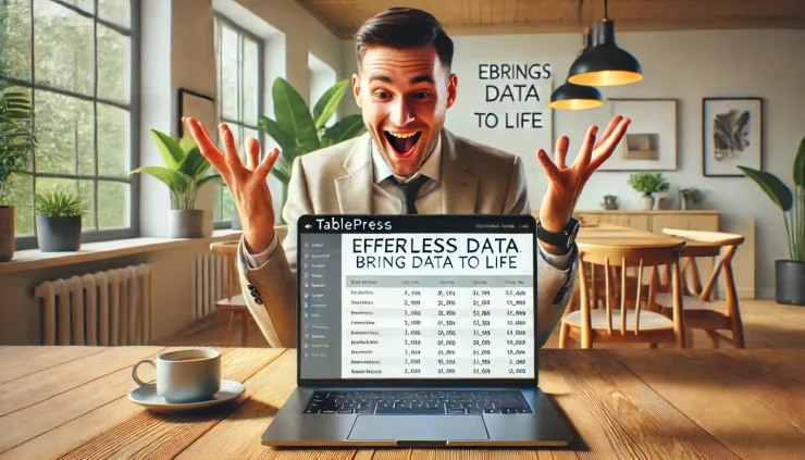 「この画像は、TablePressプラグインを使用するユーザーがデータテーブルを効率的に管理する楽しさを表現しています。興奮した表情の人物がデータテーブルを見ながら作業する様子が映し出されており、視覚的にTablePressの使いやすさを強調しています。」