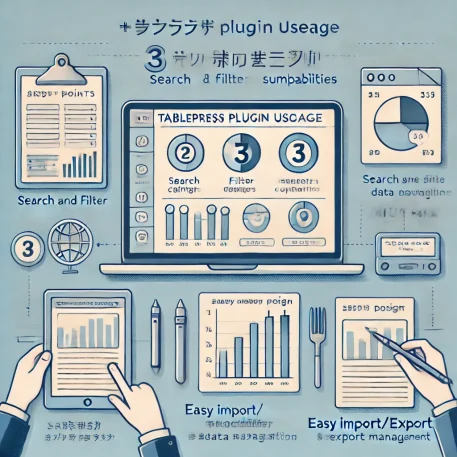 このインフォグラフィックは、TablePressプラグインの使い方を視覚的に整理し、検索とフィルター、レスポンシブデザイン、インポート/エクスポートの機能がどのようにデータ管理の向上に役立つかを説明しています。標準的なウェブページに適合するデザインです。