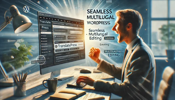 この画像は、TranslatePressで多言語サイトを簡単に編集するシーンを示し、使いやすさと興奮を伝えています。