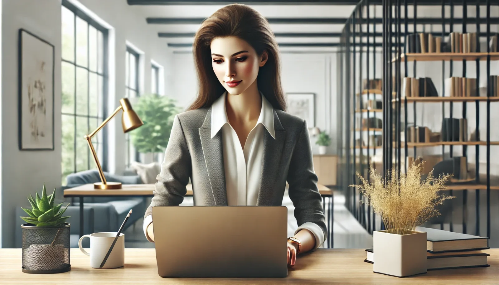 自然光の入るモダンなオフィスで、教育プラットフォーム「Tutor LMS Pro」を操作するプロフェッショナルな女性の写真風画像です。